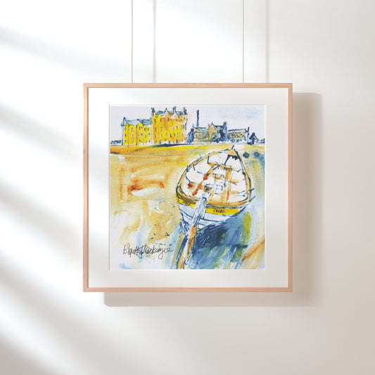 Rowing boat on beach and buildings