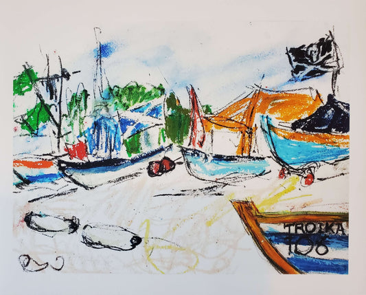 Colorful drawing of boats on a beach with trees in the background