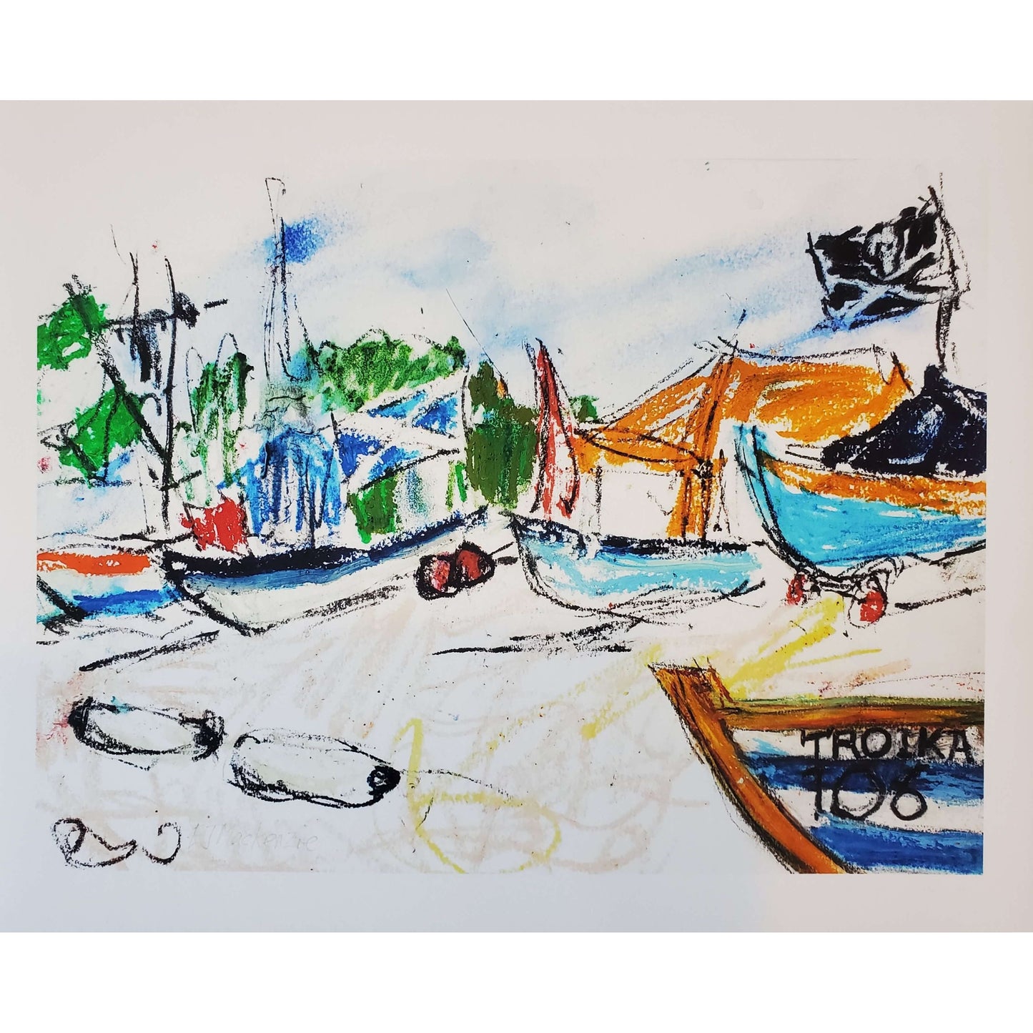 Colorful drawing of boats on a beach with trees in the background