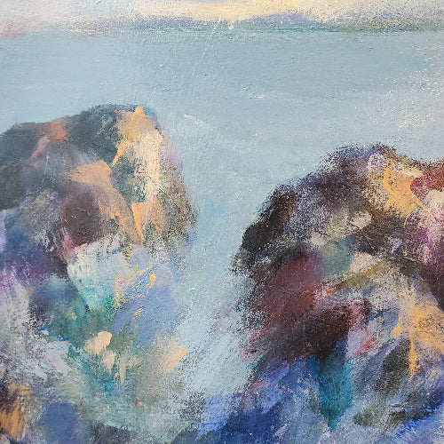 Detail of expressive brushwork showing rowers and waves in St Ayles skiff painting.