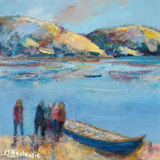 Rowers gathered on the foreshore watching a St Ayles skiff race on the west coast of Scotland with mountains in the background, colourful acrylic painting
