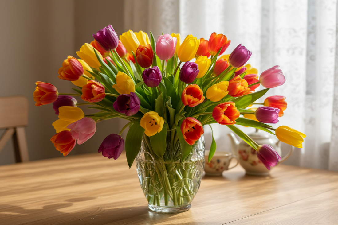 tulips in a vase on table