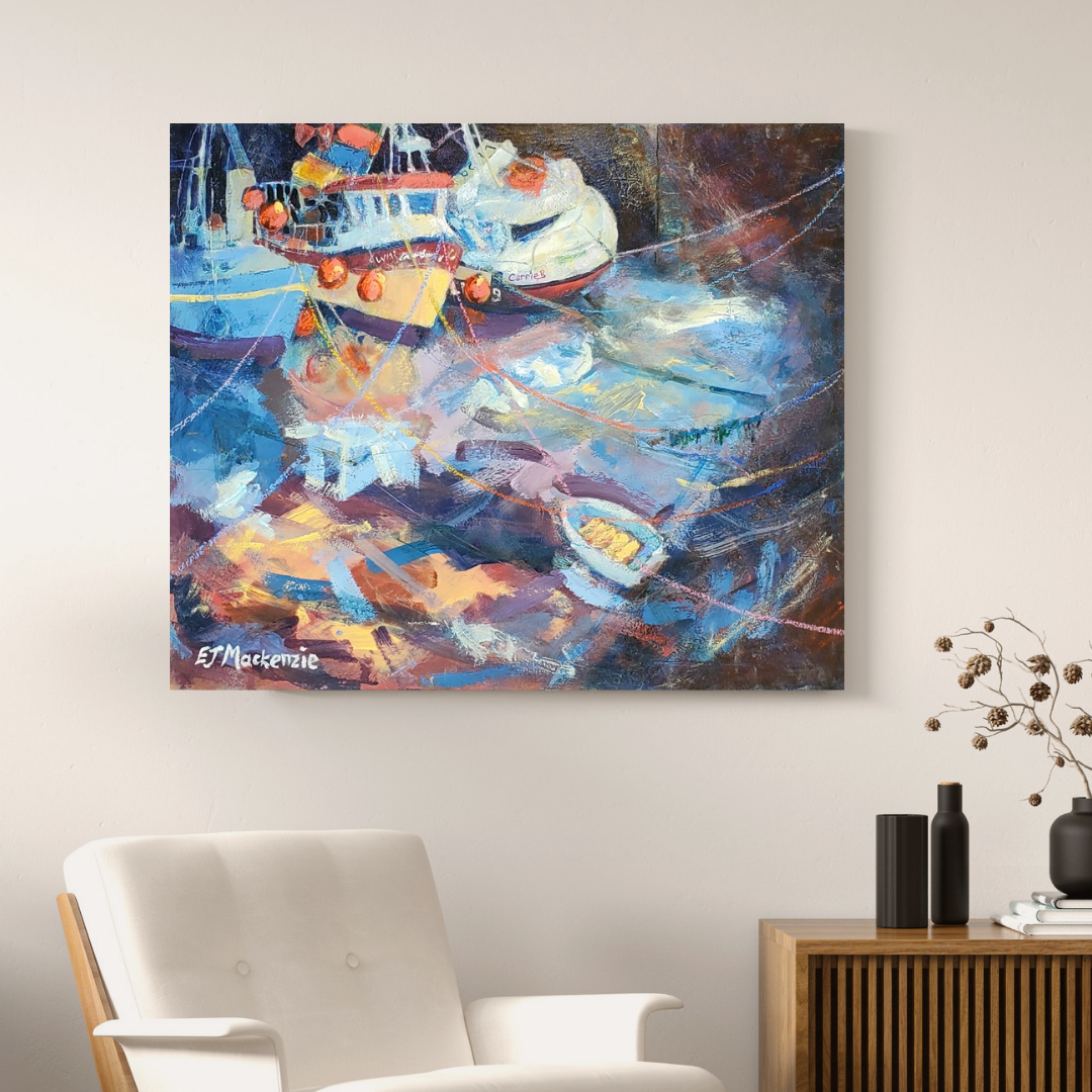 Expressionistic harbour painting on wall with chair and shelf