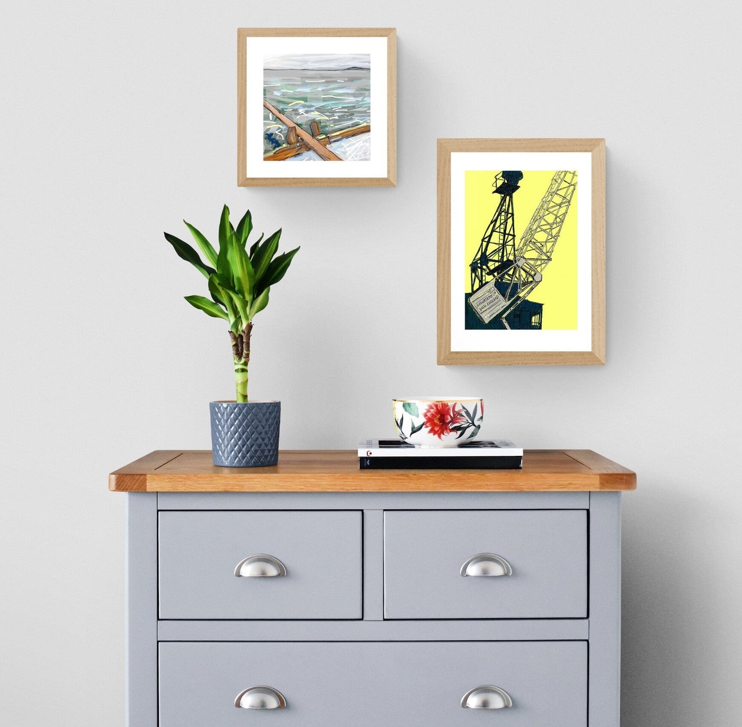 watercolour rowing skiff on beach with buildings 