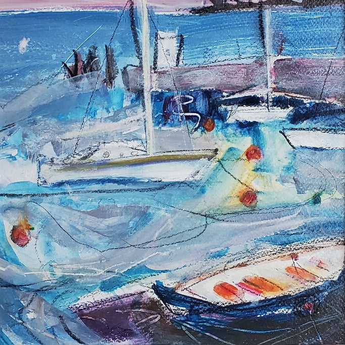 Abstract painting of boats with a focus on color and texture