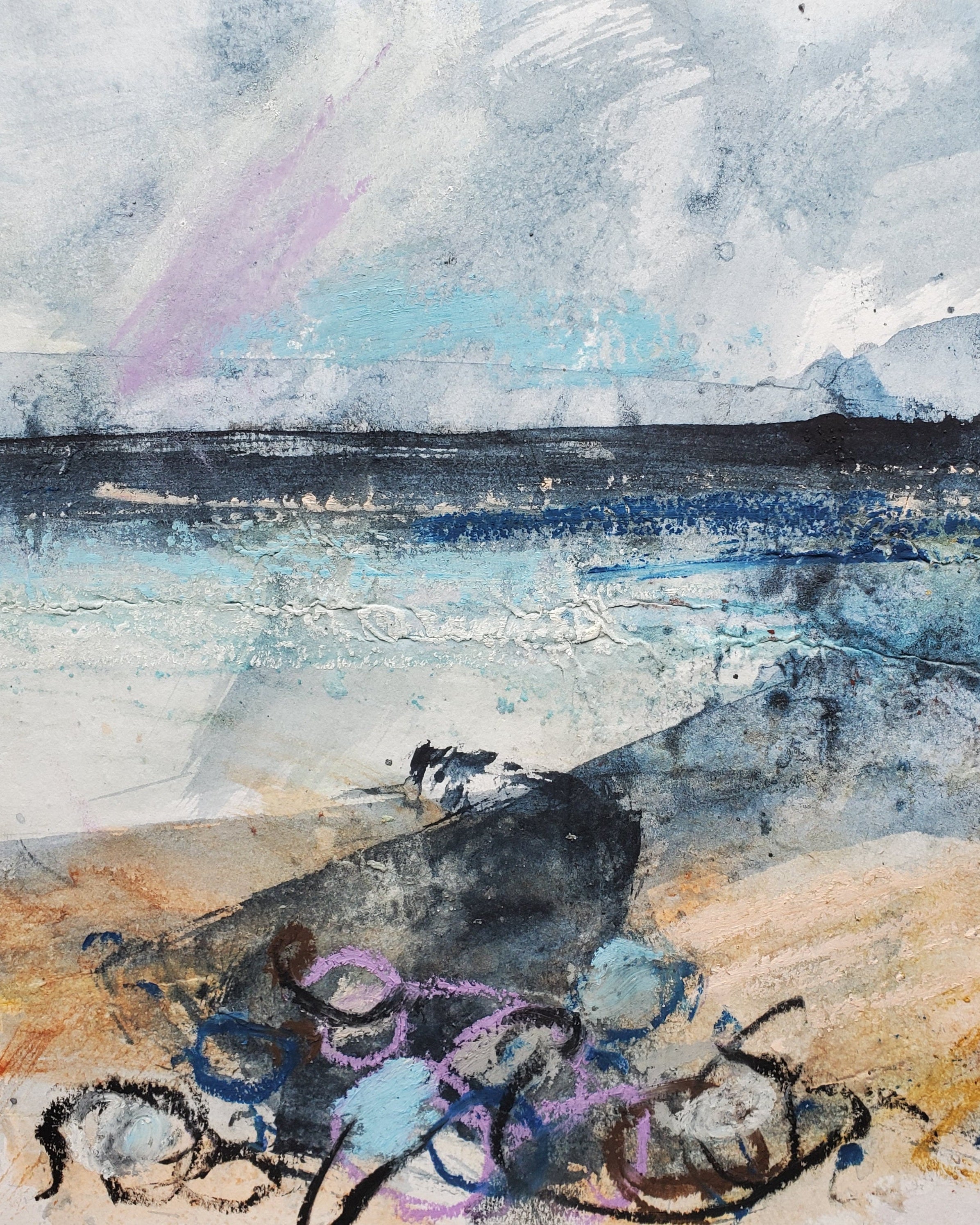 Abstract watercolor painting with a beach and rocks
