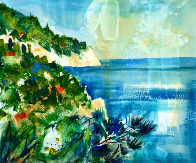 Artistic depiction of a coastal scene with greenery and water.