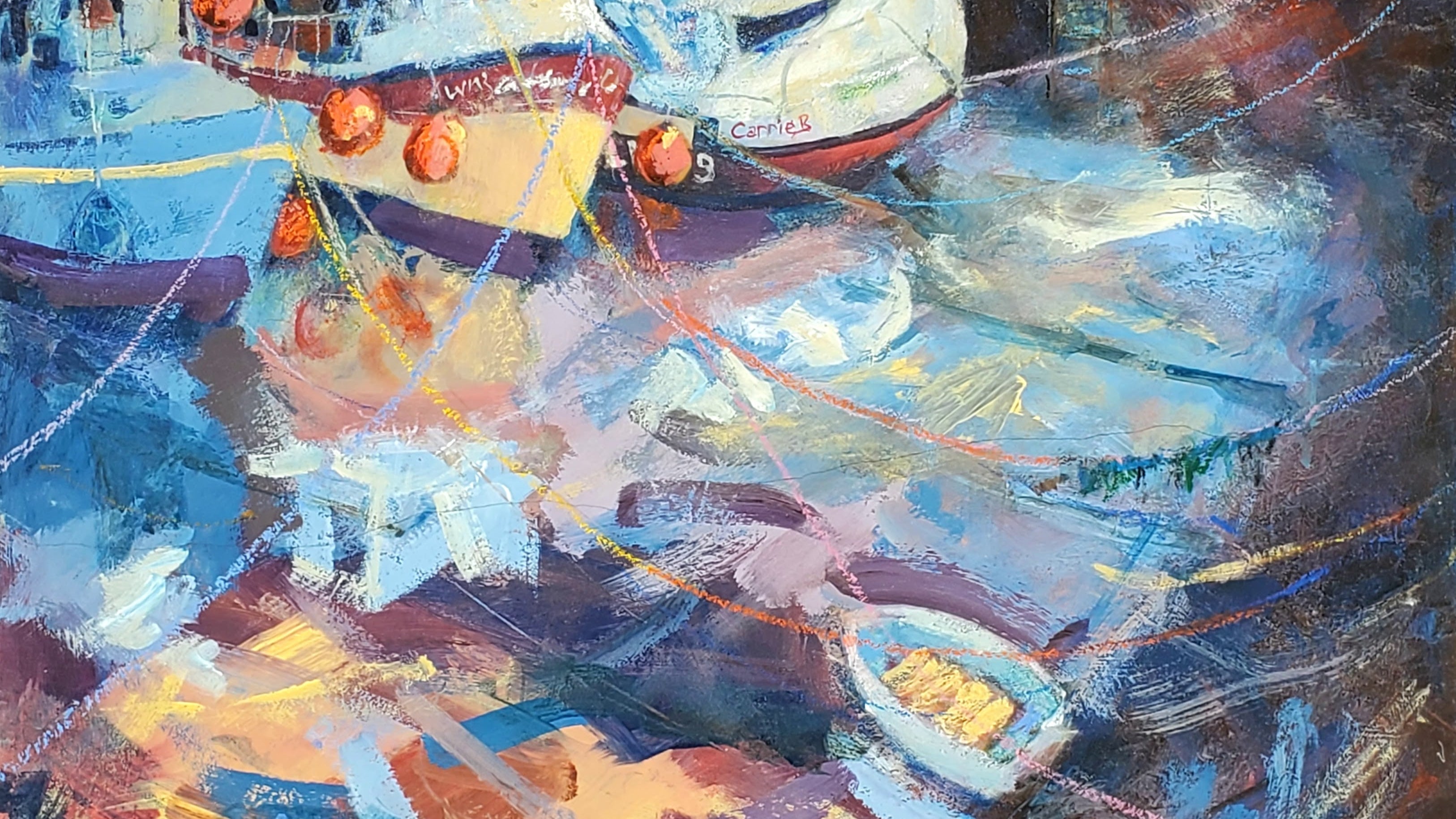 Colorful painting of fishing boats with fishing equipment on a dark background