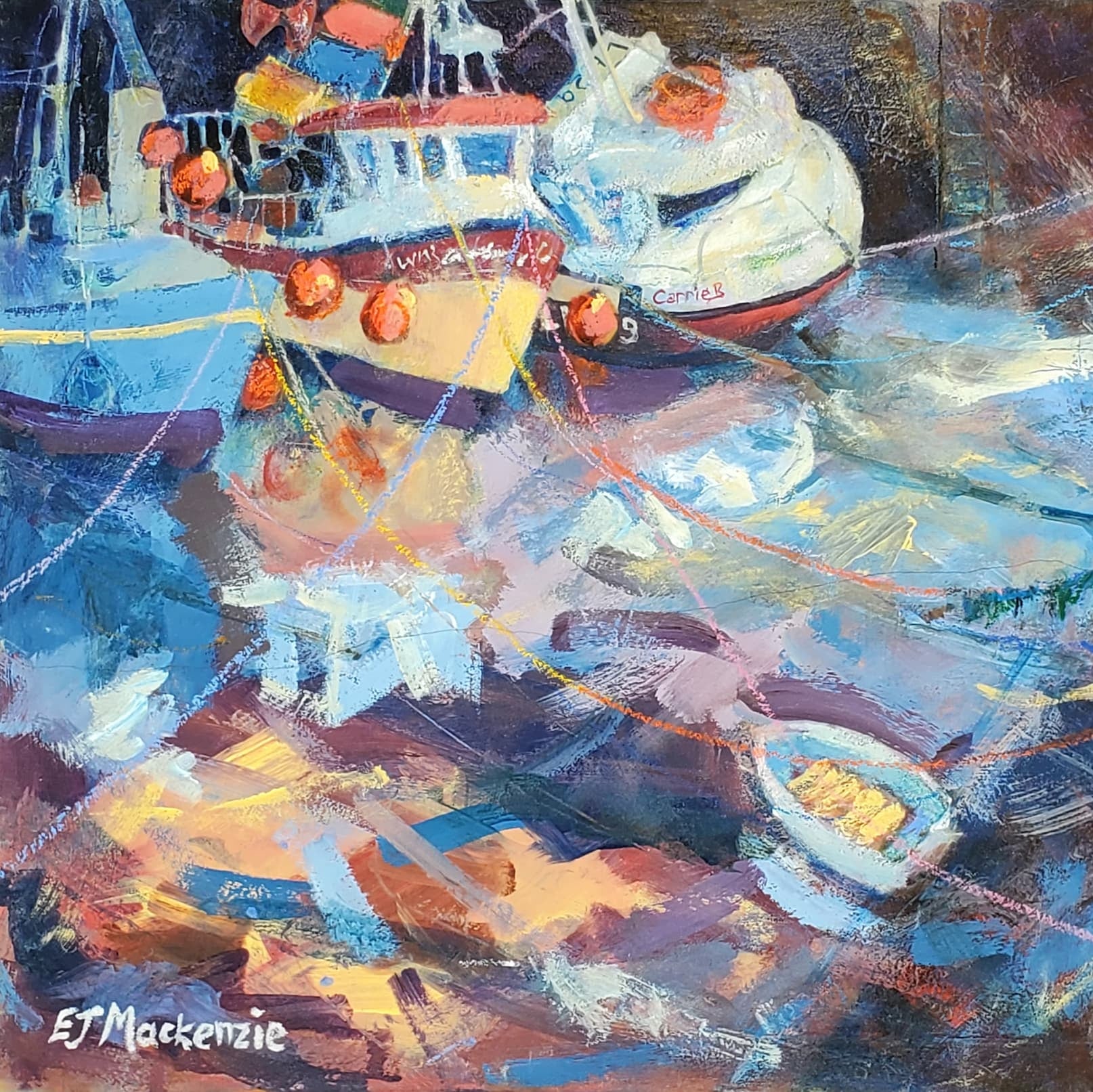 Original acrylic painting of three colourful fishing boats at low tide in Newhaven Harbour Edinburgh · Elspeth J Mackenzie