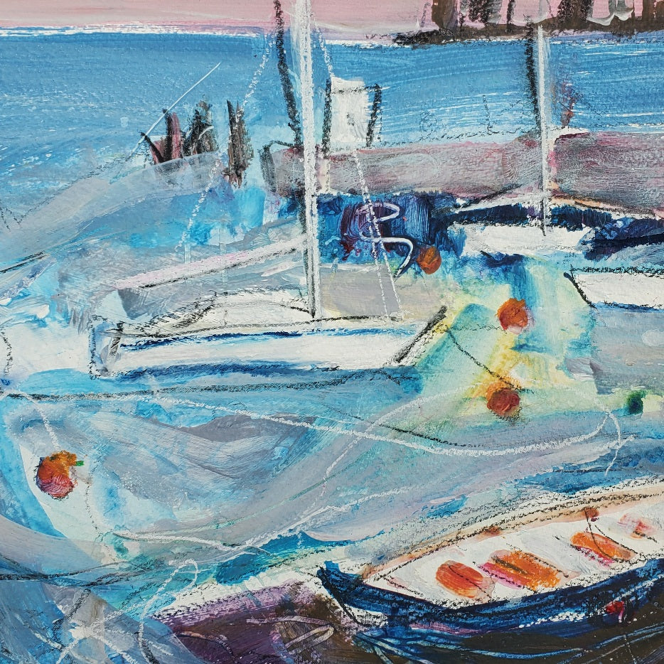 Original painting of yachts moored at Granton Harbour Edinburgh at dusk · Elspeth J Mackenzie