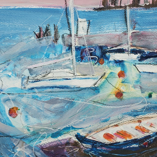 Original painting of yachts moored at Granton Harbour Edinburgh at dusk · Elspeth J Mackenzie
