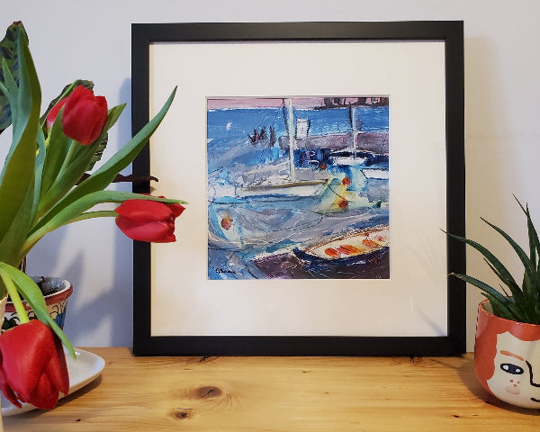 Orginal painting of moored yachts and St Ayles skiff at Granton Harbour Edinburgh - Elspeth J Mackenzie