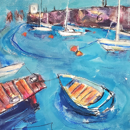 Expressive coastal painting of Granton Harbour Edinburgh at midday in full summer light · Elspeth J Mackenzie