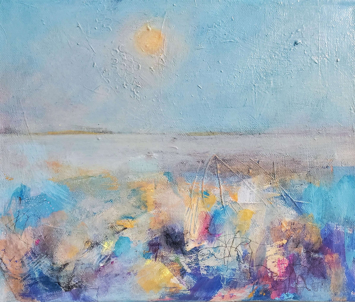 Original framed abstract painting of the Firth of Forth in pale morning haze · Elspeth J Mackenzie