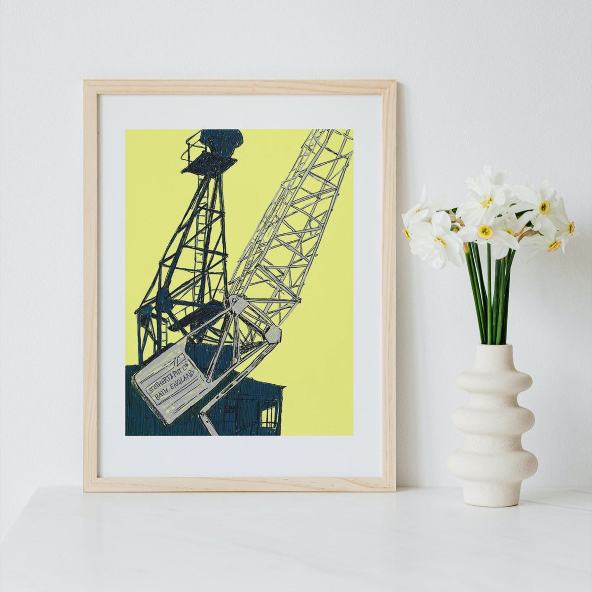 Bold giclée print of a Leith dock crane against a bright yellow background · Elspeth J Mackenzie
