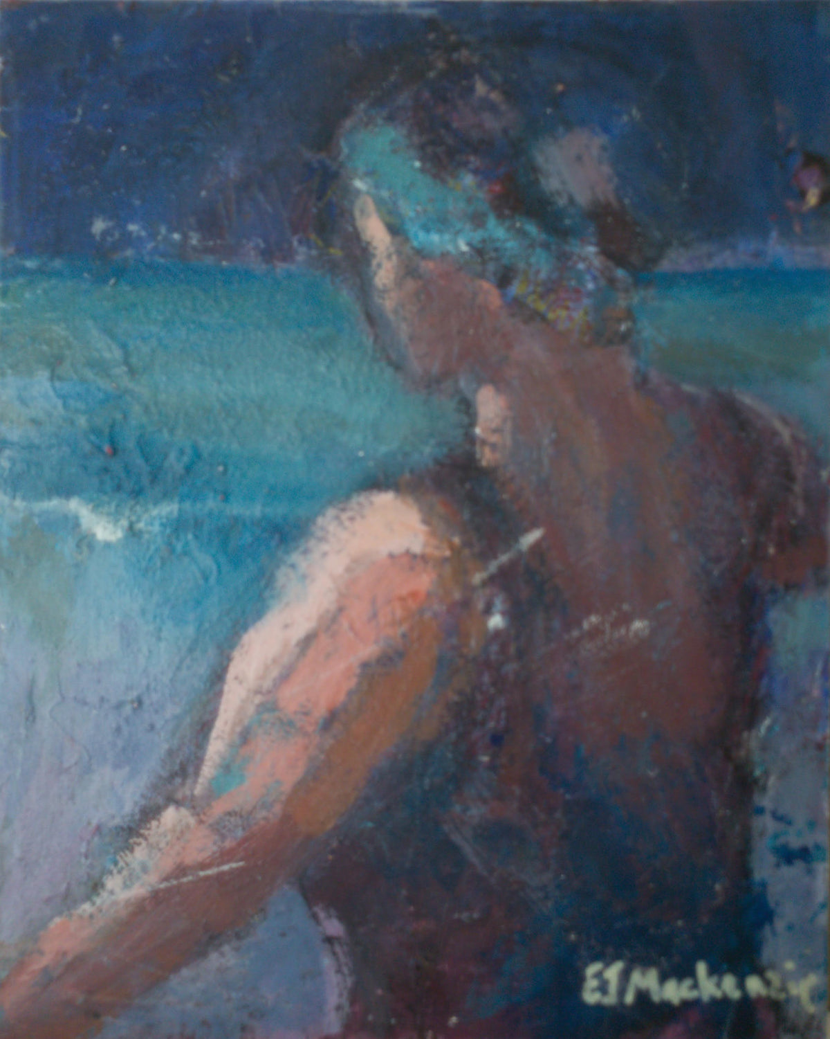 An small atmospheric painting of a woman by the sea  · Elspeth J Mackenzie