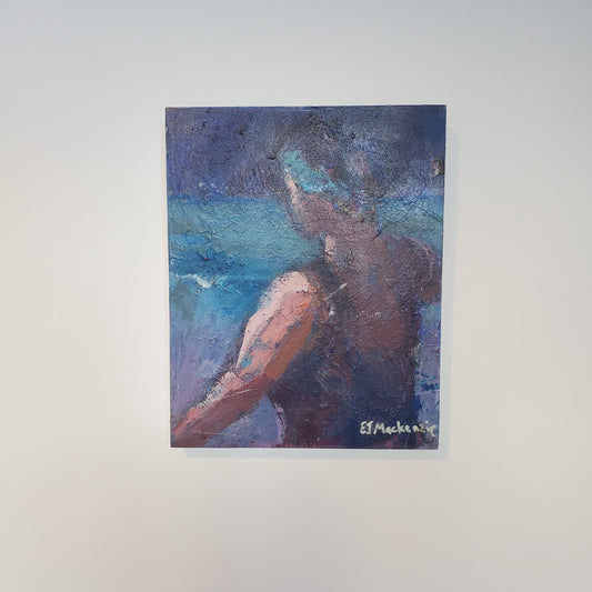 An expressive textured painting of a swimmer by the sea by Elspeth J Mackenzie