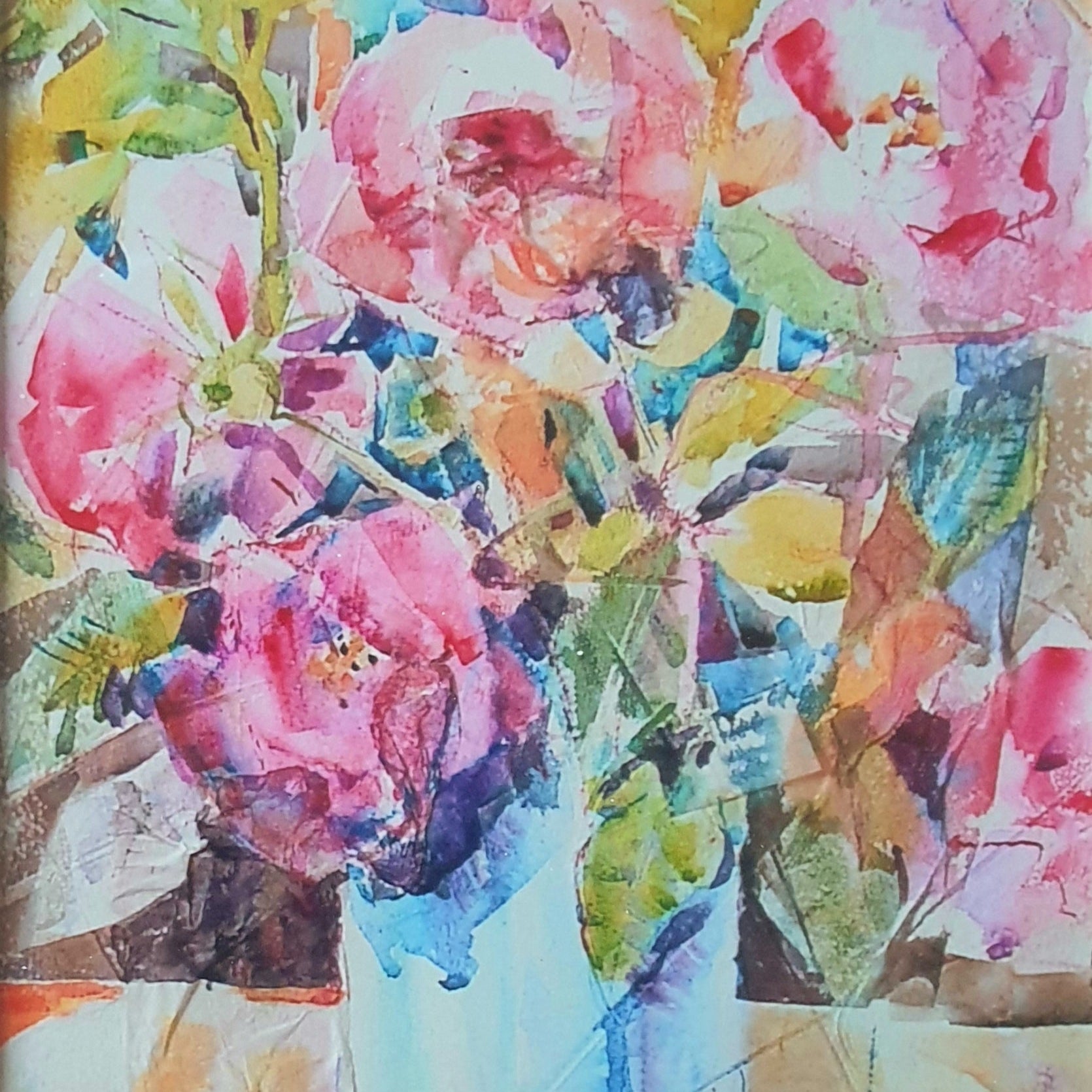 Colorful watercolor painting of flowers in a vase