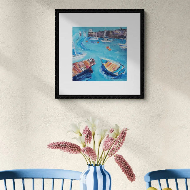 Original painting of boats moored at Granton Harbour Edinburgh on a summer day · Elspeth J Mackenzie