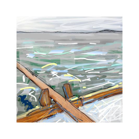 Giclee print  of partial rowing boat on the water. With white border