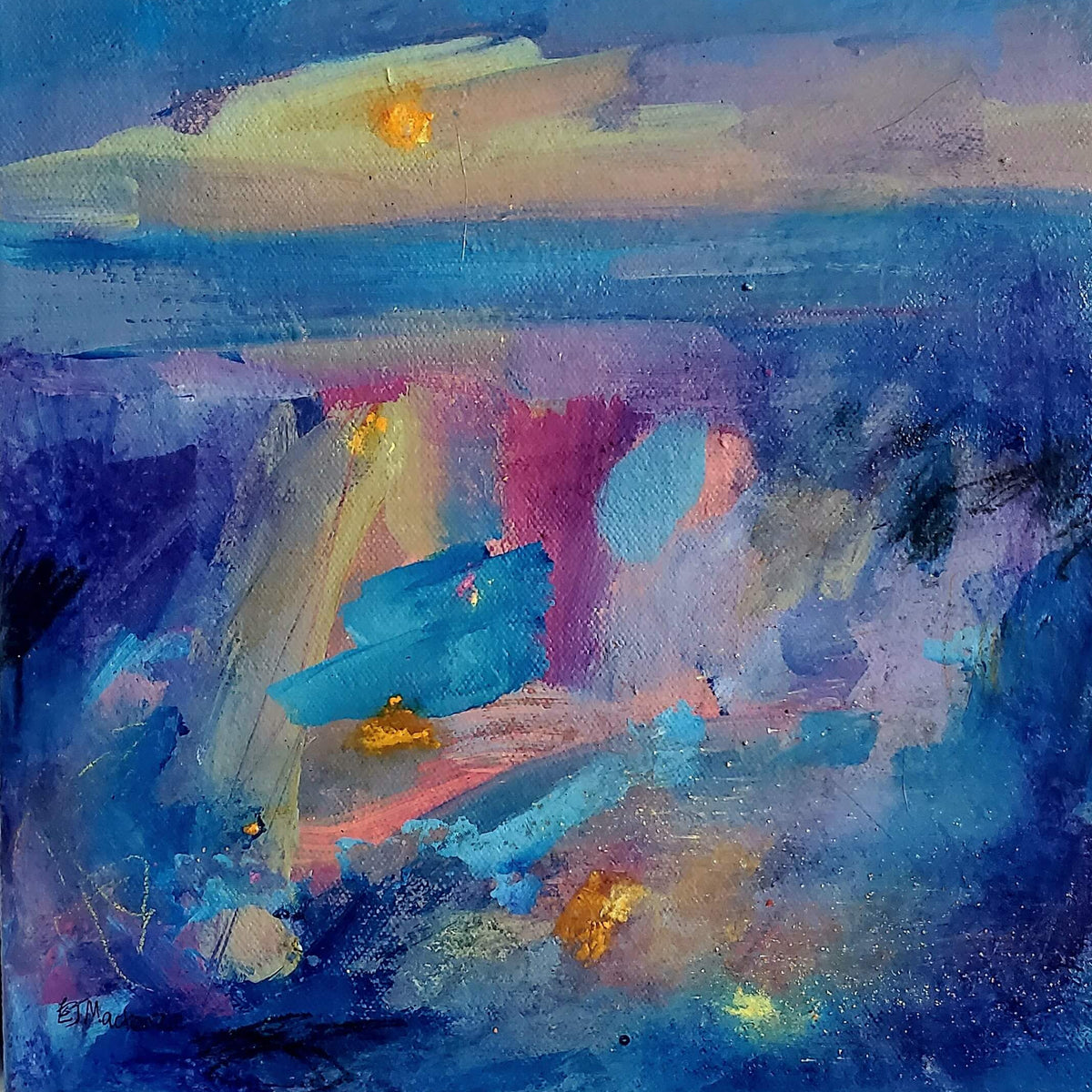 Abstract sunrise over the river. Coastal painting