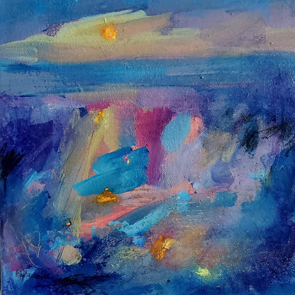 Abstract sunrise over the river. Coastal painting