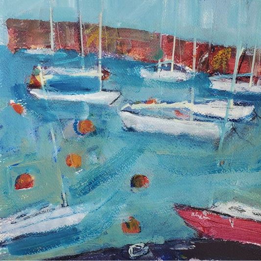 Yachts in a calm harbour. Original acrylic painting with a sensse of the sea and life at the harbour.