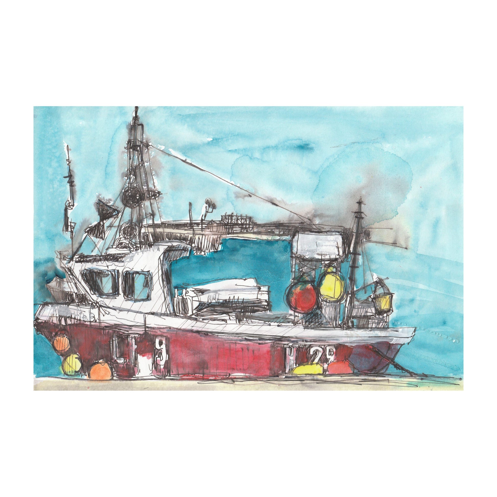 Giclee print of red fishing boat. From an original ink and watercolour artwork by Elspeeth J Mackenzie