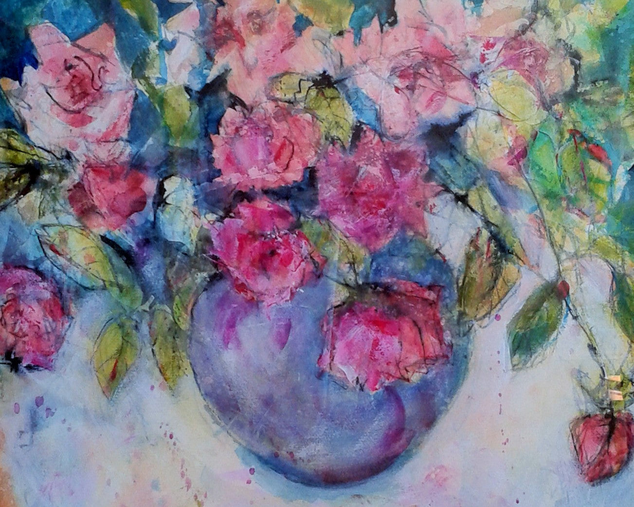 Colorful painting of pink flowers in a blue vase on a textured surface.