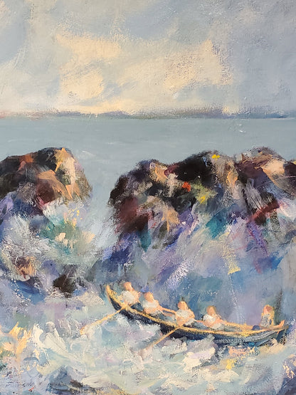 Expressive acrylic painting of a St Ayles Skiff with four rowers and cox in rough seas · 
Elspeth J Mackenzie