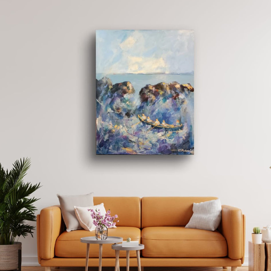 Original coastal painting by Elspeth J Mackenzie displayed in a living room setting · Edinburgh coastal art

