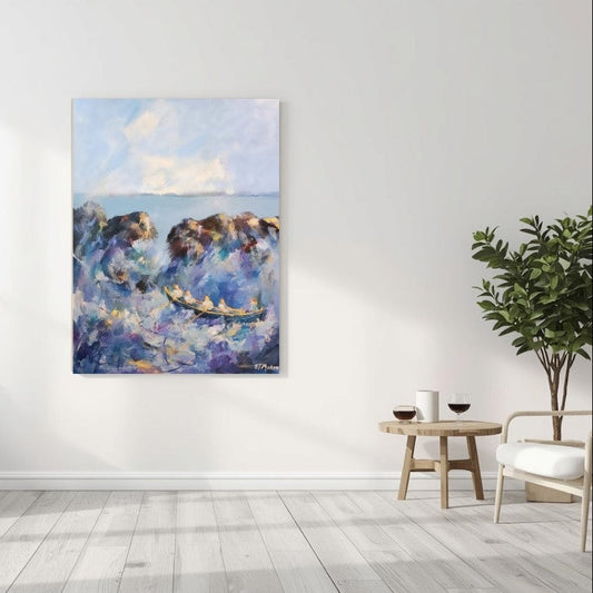 Expressive painting of a boat in stormy sea Elspeth J Mackenzie
