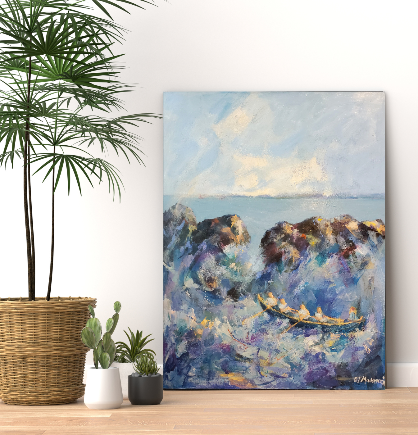 Room interior with a potted plant, small cacti, and a colorful abstract painting of a boat on water.