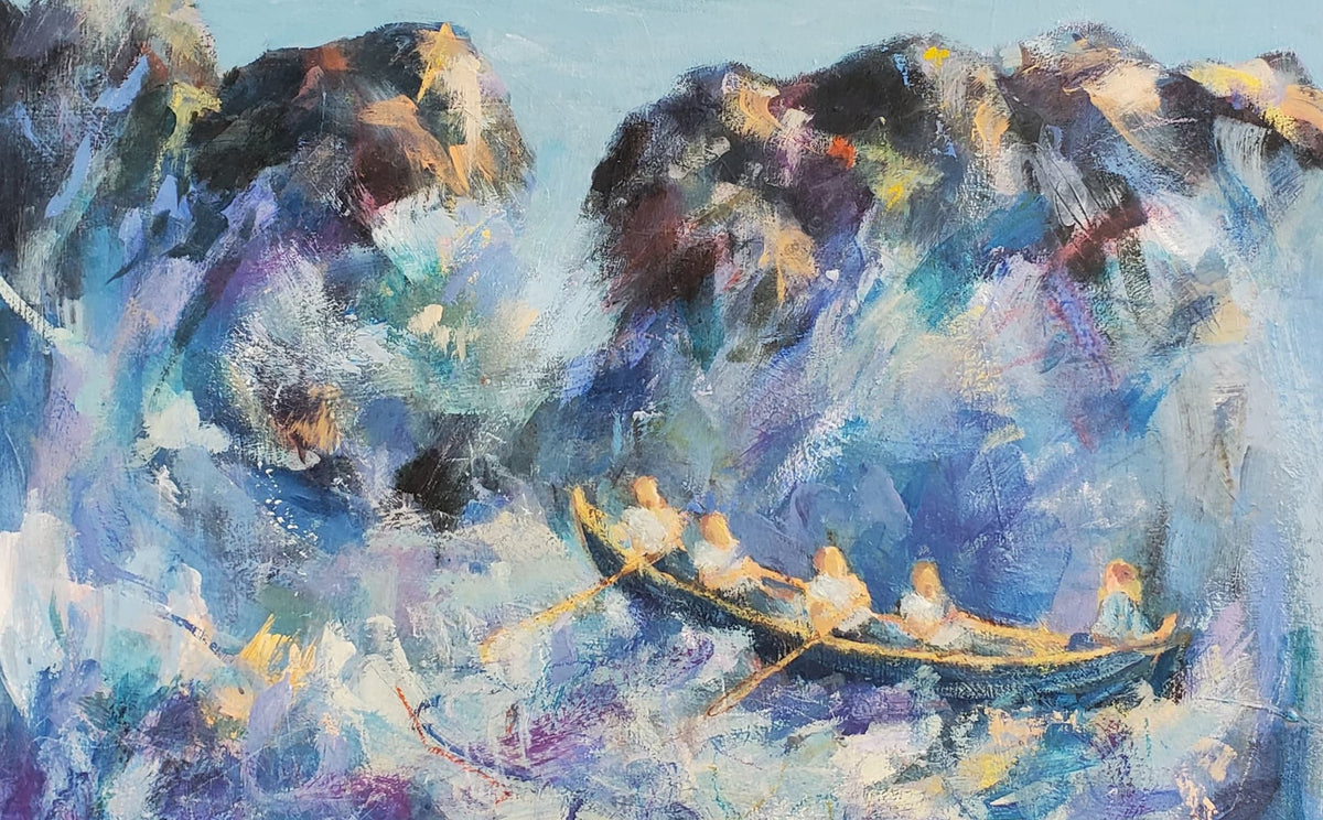 Abstract painting of a boat with figures on a blue and purple background
