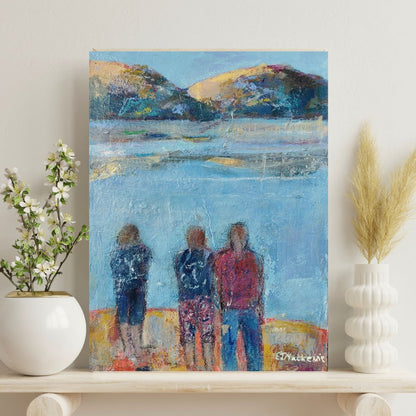 Impressionistic painting of three figures on a Scottish shore watching a rowing regatta · Elspeth J Mackenzie
