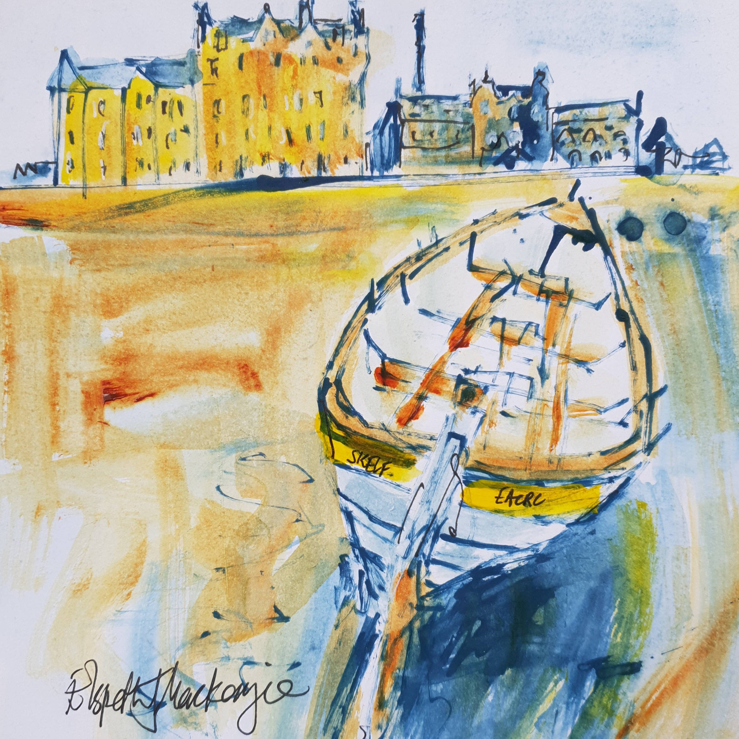 rowing boat on urban beach waterolour