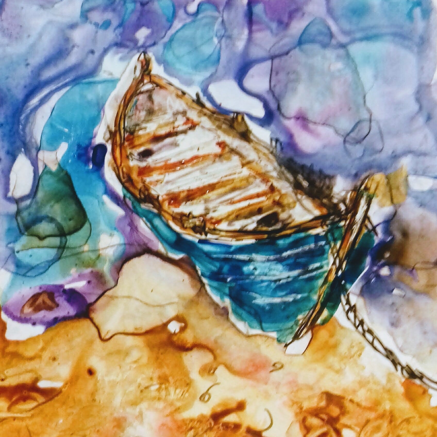 Abstract artwork with a boat and colorful background