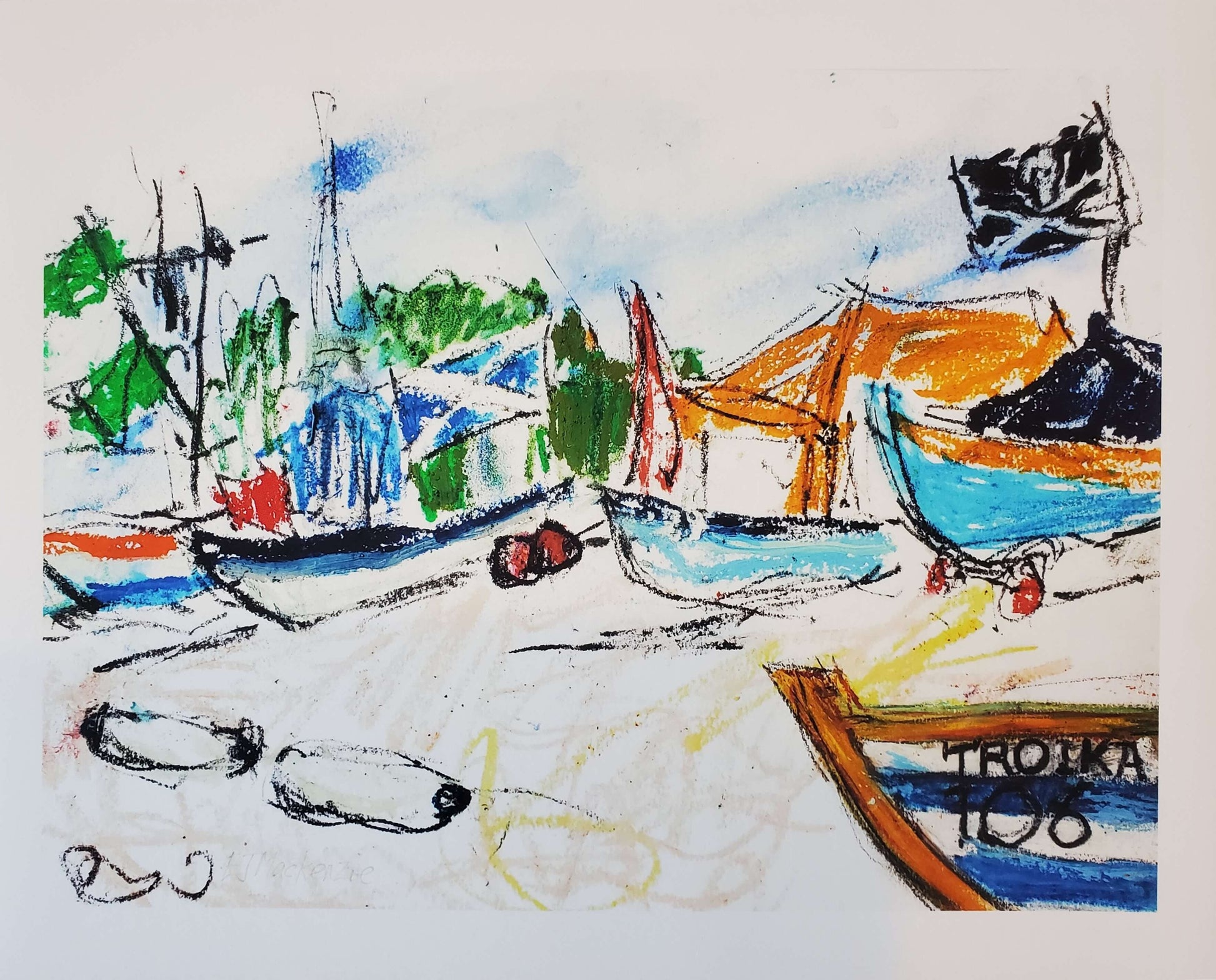 Colorful drawing of boats on a beach with trees in the background