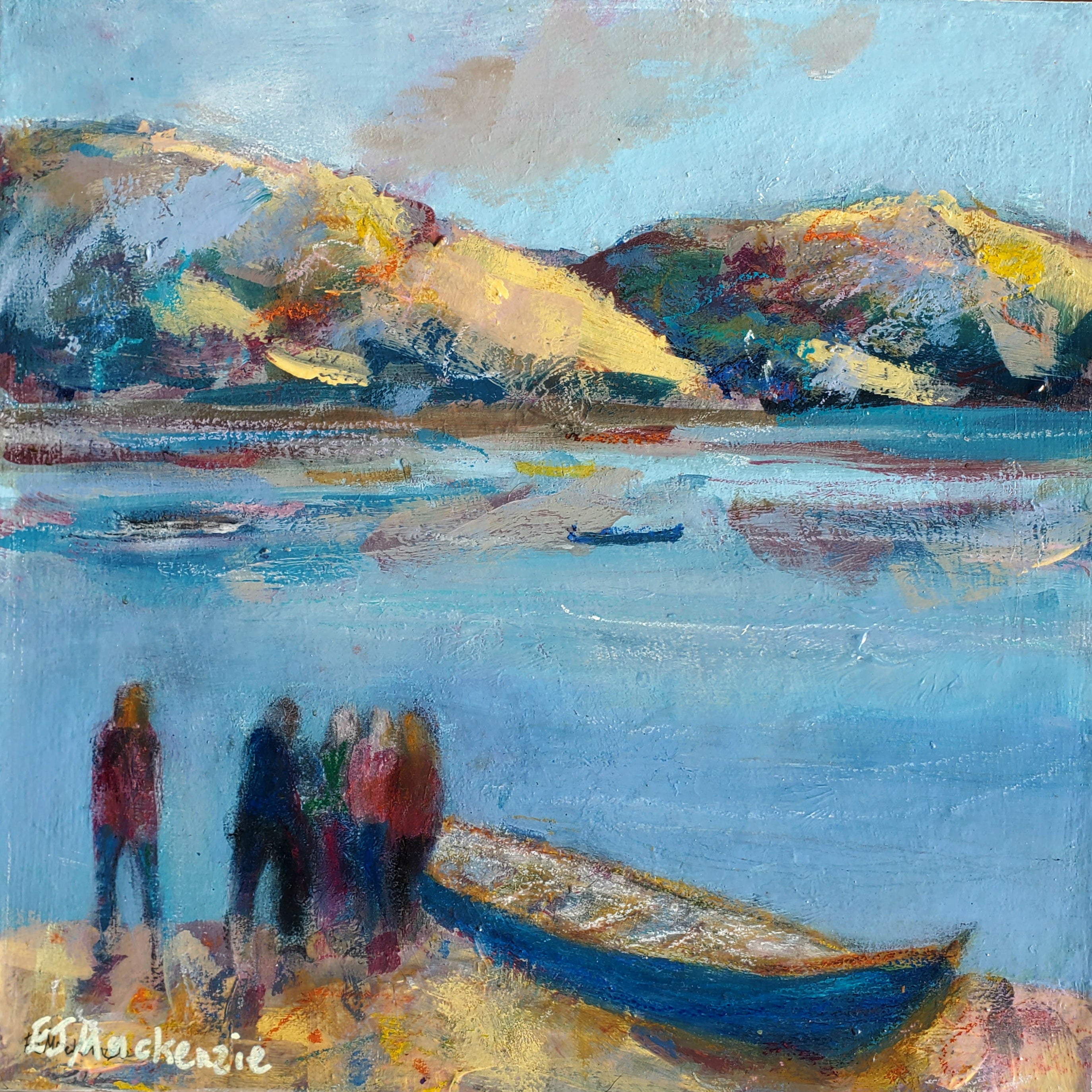 5 figures and abat on the shore. Mountains in backround