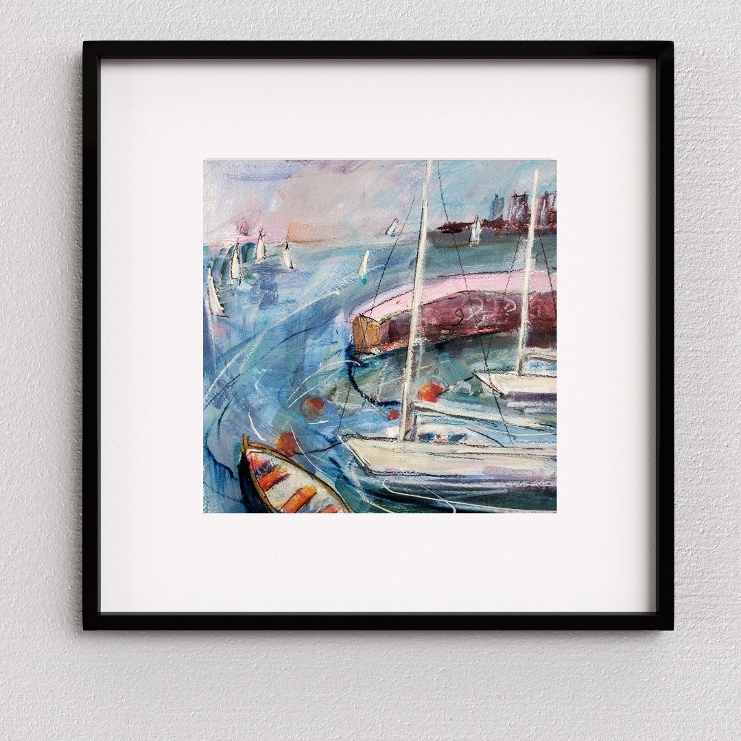 Original framed painting of yachts leaving Granton Harbour Edinburgh at dusk · Elspeth J Mackenzie