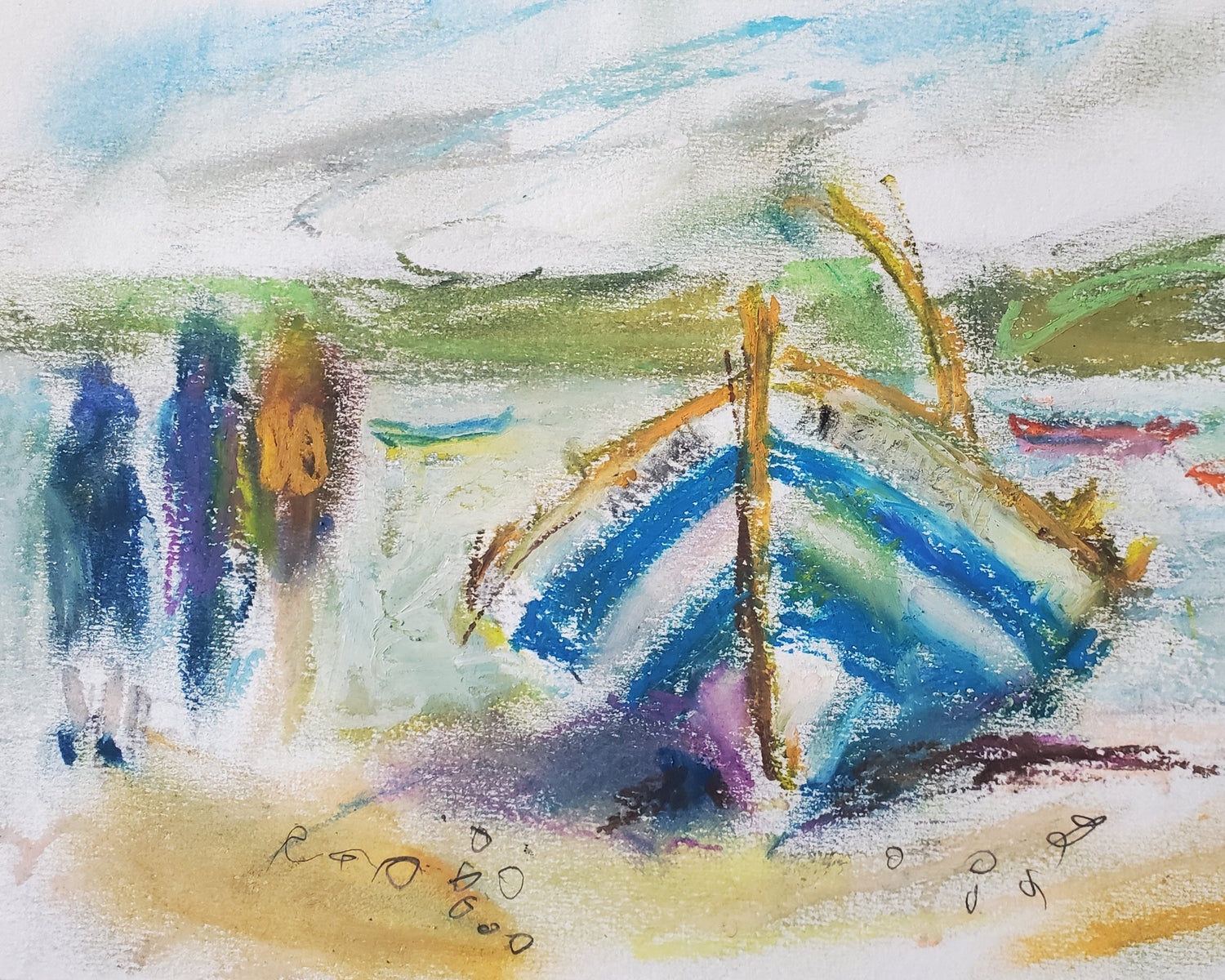 Impressionistic image of skiff on beach with 3 people and boats in the background