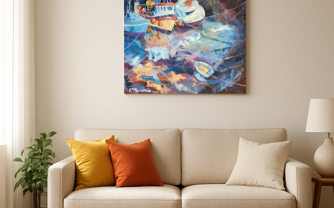 Original acrylic painting of three colourful fishing boats at low tide in Newhaven Harbour in living room