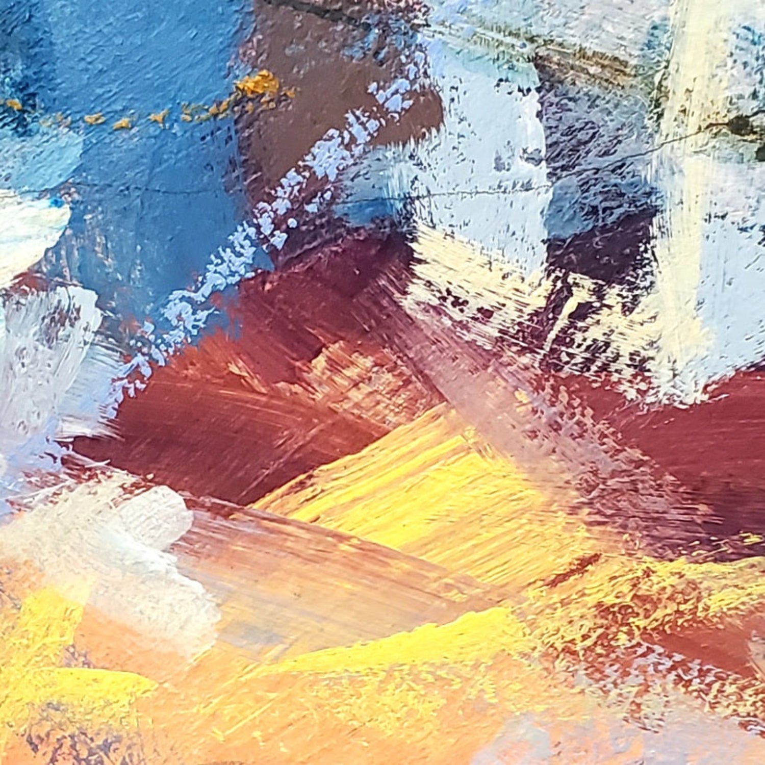 painting detail with a mix of blue, yellow, and brown colors.