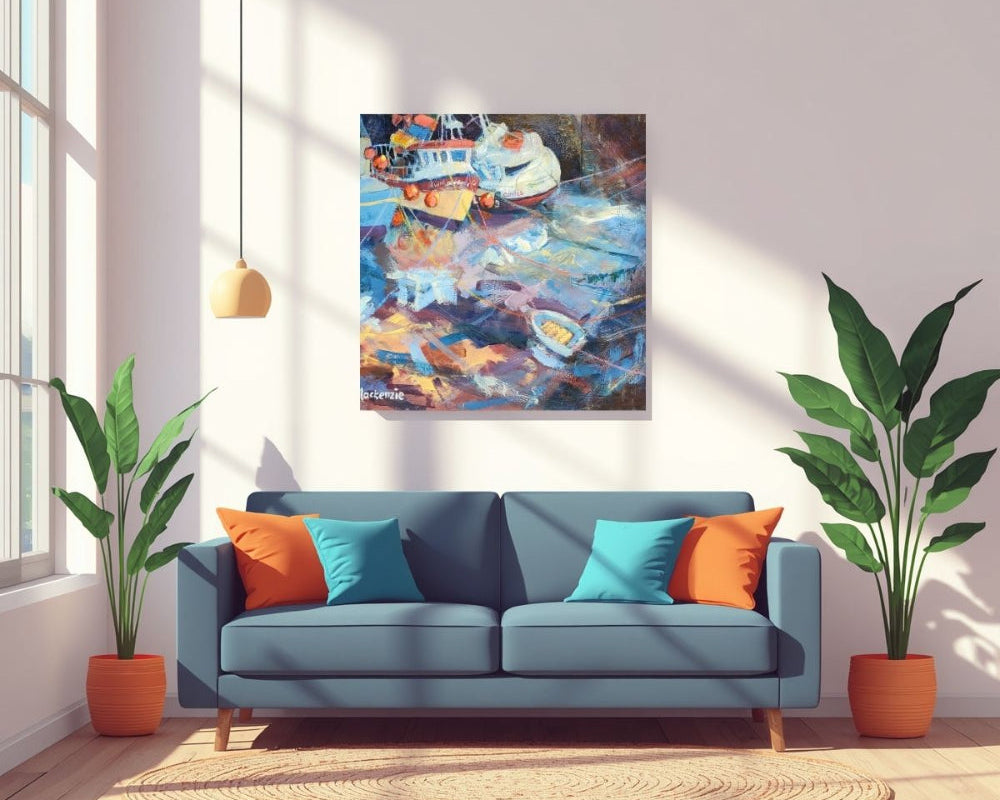 Original coastal painting by Elspeth J Mackenzie displayed in a living room setting · Edinburgh coastal art
