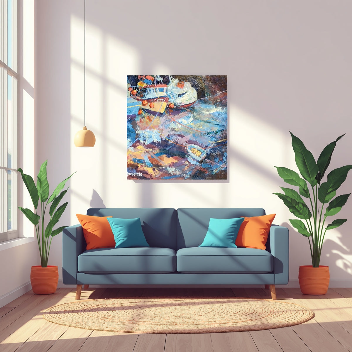 Original oil painting of three colourful fishing boats at low tide in Newhaven Harbour Edinburgh · Elspeth J Mackenzie