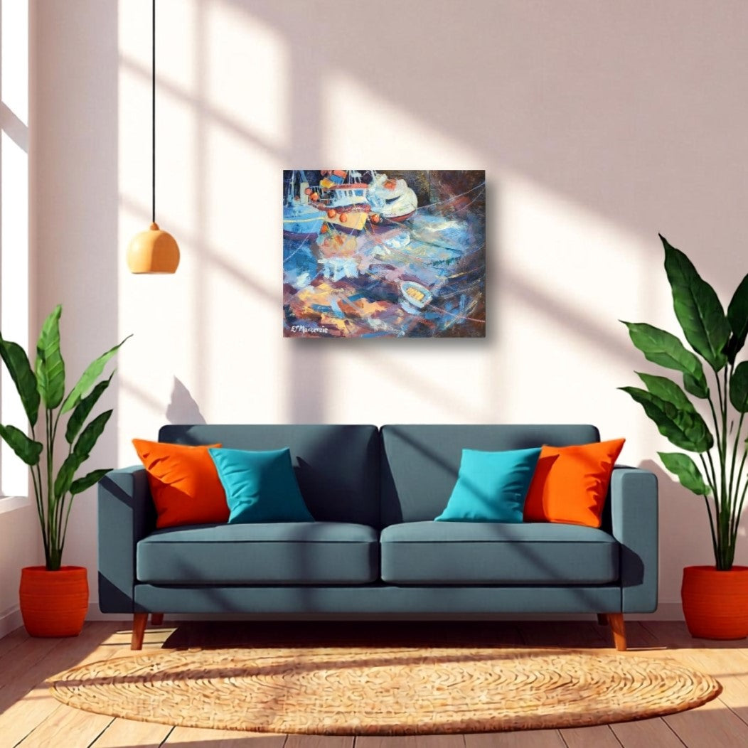 Original acrylic painting of three colourful fishing boats at low tide in Newhaven Harbour Edinburgh · Elspeth J Mackenzie