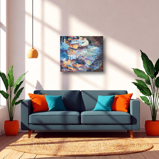 Original acrylic painting of three colourful fishing boats at low tide in Newhaven Harbour Edinburgh · Elspeth J Mackenzie