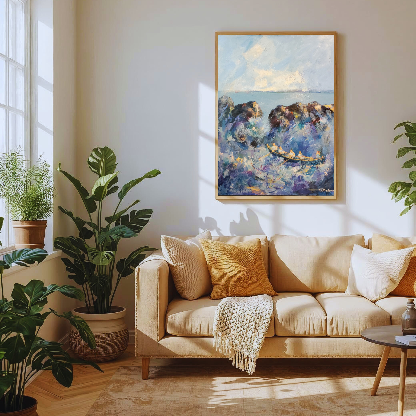 St Ayles rowers in the waves painting on living room wall