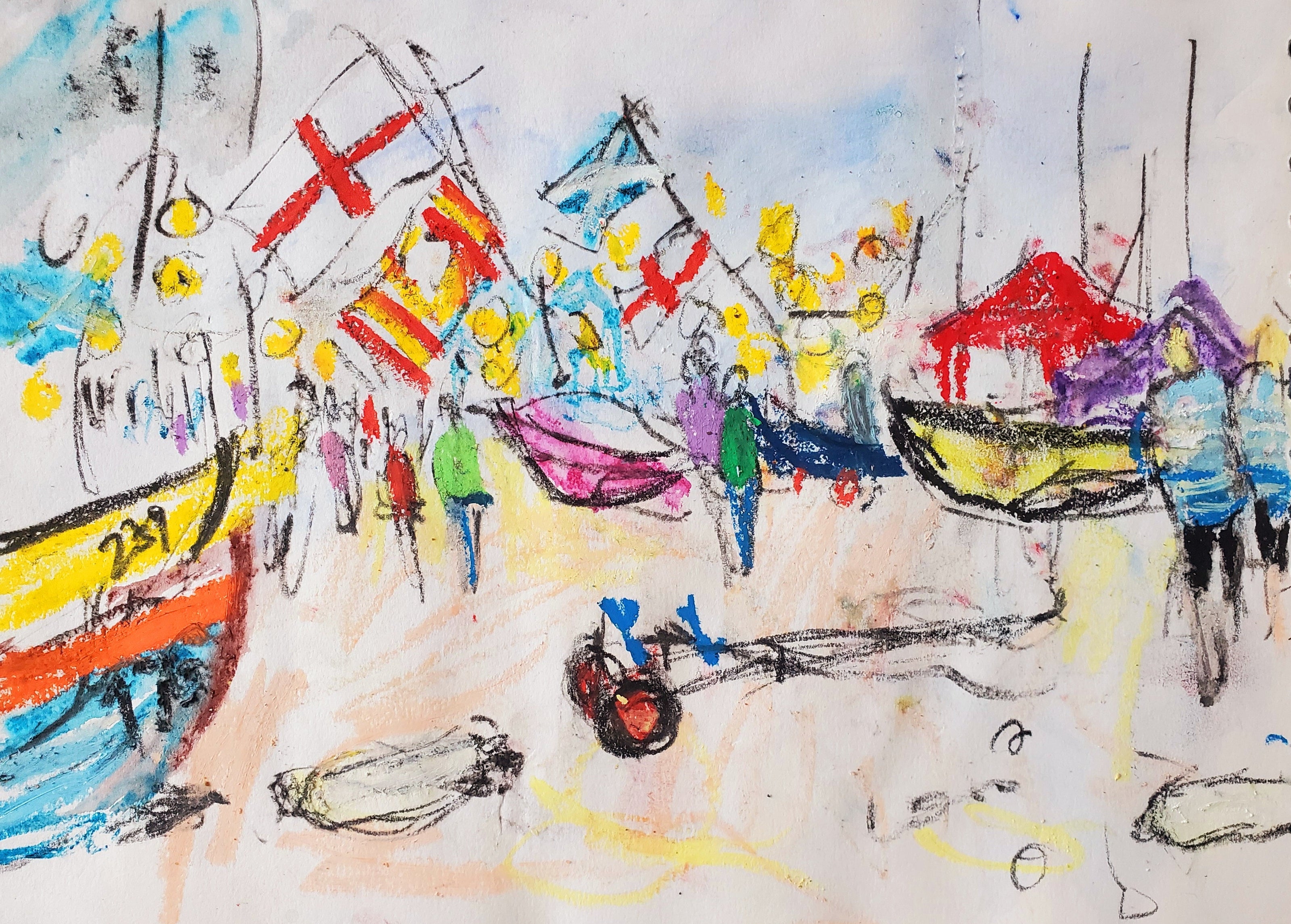 Colorful abstract drawing of a beach scene with people and boats.