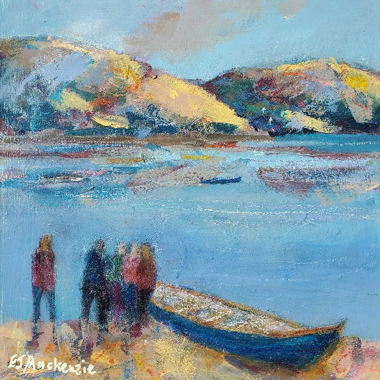 Rowers gathered on the foreshore watching a St Ayles skiff race on the west coast of Scotland with mountains in the background, colourful acrylic painting